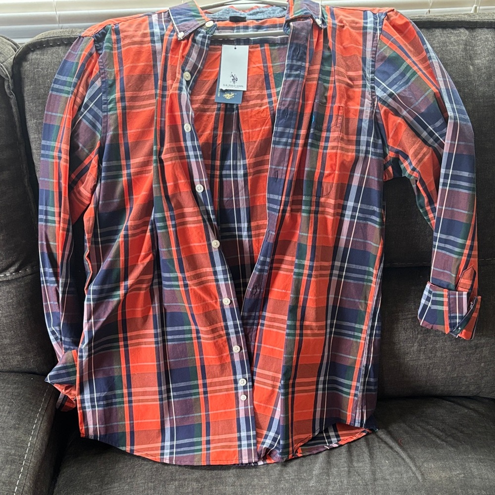 U.S. Polo Assn. Orange and Blue Plaid Casual Shirt